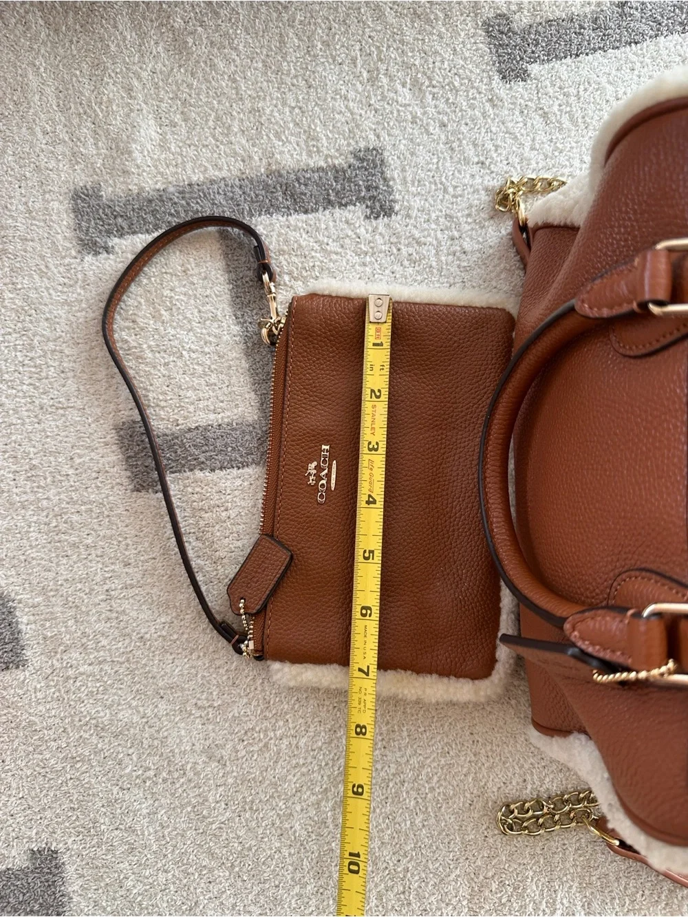 Coach Chestnut Brown Pebbled Leather Satchel with Shearling Trim
